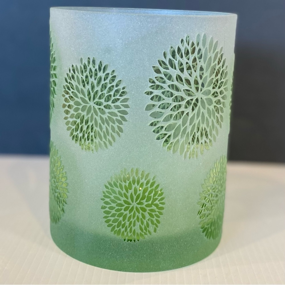 Chrysanthemum Etched Lime Frosted Glass Vase 6” Tall - Picture 2 of 8